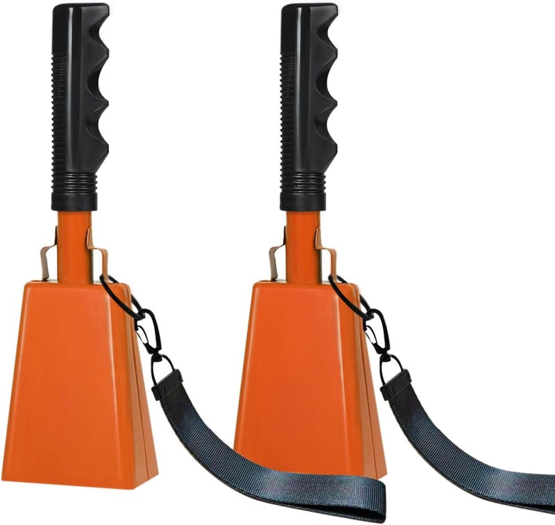 HEYLEAYAR 10Inch Cowbells with Handle for Sporting Events, 2Pcs Large Cow Bells with Wrist Straps, Loud Noise Makers for Cheering Football Games Spirit Marathon Weddings Party Noisemakers, Orange - Image 1